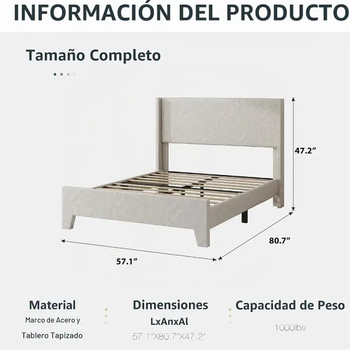 Vista 2 de Base de cama tamaño matrimonial con cabecero tapizado de imitación de cuero, resistente al desgaste, fácil de limpiar, base para colchón, no Beige