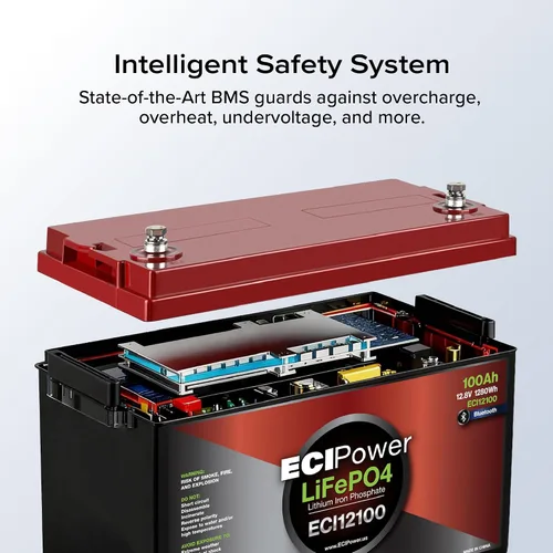 Vista 4 de Paquete de 2 baterías recargables ECI Power LiFePO4 de litio de 12 V 100 Ah Bluetooth 5000 ciclos de vida y 10 años de vida útil BMS integrado