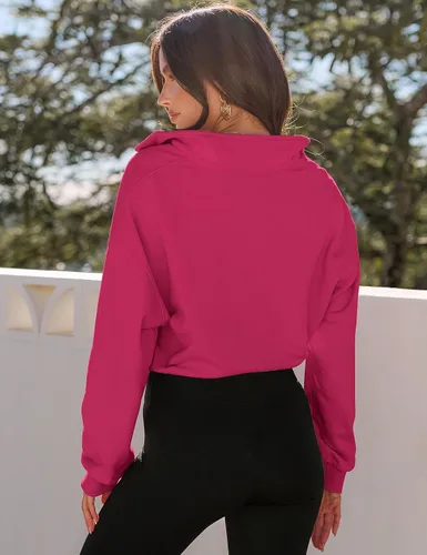 Vista 3 de MEROKEETY Sudadera corta con cremallera de un cuarto para mujer, manga larga, cuello alto, con cordón