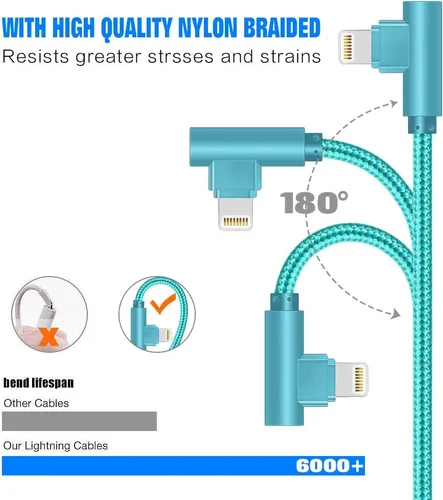 Vista 3 de SHUSEL Cable de carga para iPhone, cable Lightning de ángulo recto, paquete de 3 cables de carga trenzados de nailon de 90 grados y 6 pies, de carga