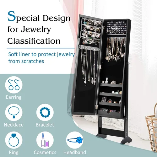 Vista 5 de GOFLAME Gabinete de joyería, organizador de joyas con puerta de espejo de longitud completa, gabinete de espejo de maquillaje de pie, organizador