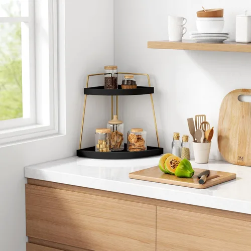 Vista 3 de Forbena Organizador de Rincón para Encimera de Baño en Negro y Oro, Organizador Moderno de Encimera de Cocina para Lavabo, Bandeja de Almacenamiento