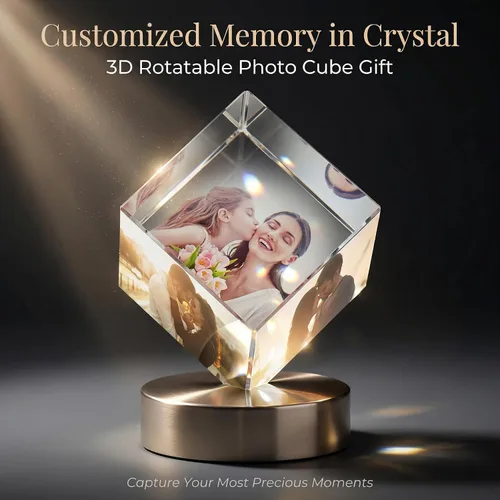 Vista 2 de VEELU Marco de collage de fotos personalizado, cubo de cristal giratorio en 3D, marco de fotos personalizado para boda, regalo de recuerdo
