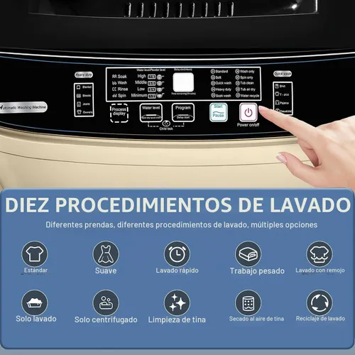 Vista 3 de Lavadora completamente automática con pantalla LED, 10 programas y 8 selecciones de niveles de agua, lavadora de lavandería compacta portátil