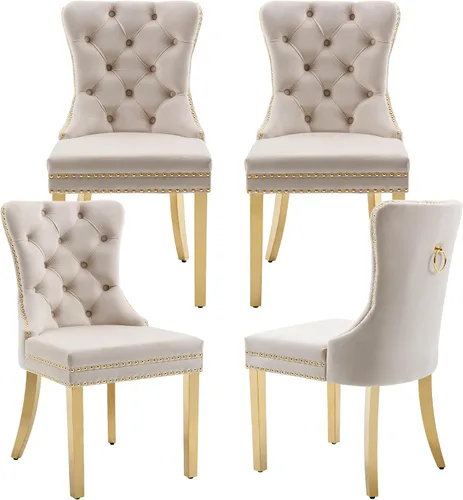 Vista 37 de Juego de 2 sillas de comedor de terciopelo beige, elegantes capitoné