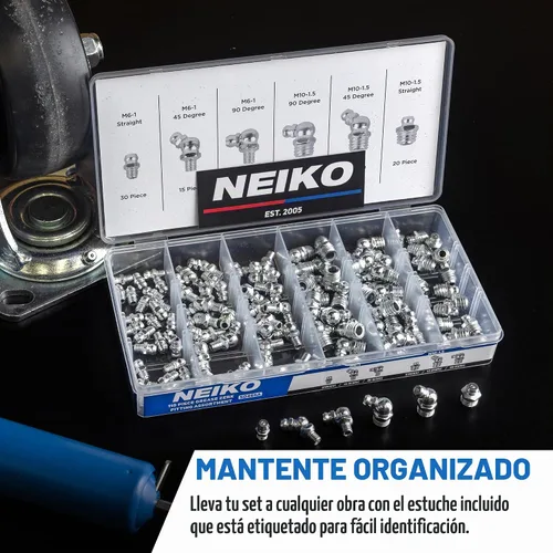 Vista 4 de NEIKO 50466A Juego de accesorios de grasa, 110 piezas, métrico, kit de accesorios de grasa zerk rectos y angulados, acero A3 con revestimiento