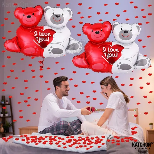Vista 6 de KatchOn, Globos dorados grandes con texto en inglés "I Love You", paquete de 2005, juego de globos de oso de peluche, decoraciones con texto "I Love