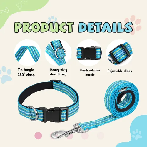 Vista 3 de Juego de collar y correa reflectante para perro, correa de nailon para perro con anillo en D de acero resistente, ajustable con hebilla de Cian