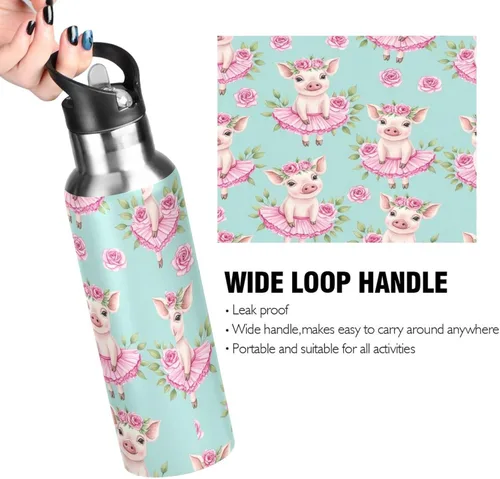 Vista 4 de Cute Watercolor Pigs Flower Crowns Insulated Stainless Steel Water Bottle with Straw 20 Oz Leakproof Water Bottles, BPA-Free Sports Water Bottle
