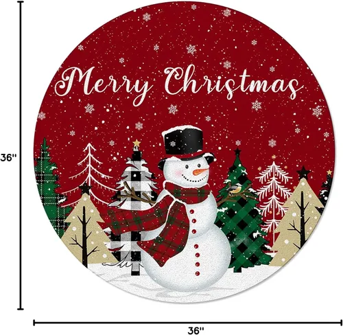 Vista 2 de Alfombra redonda de 3 pies de diámetro, diseño de muñeco de nieve, búfalo, árbol de Navidad, feliz año nuevo, rojo, tapete decorativo de Navidad