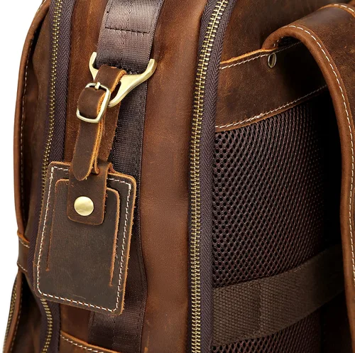 Vista 9 de LANNSYNE Mochila de cuero genuino vintage para hombres 15.6 pulgadas portátil bolsa de noche fin de semana camping mochila, Marrón, Mochilas