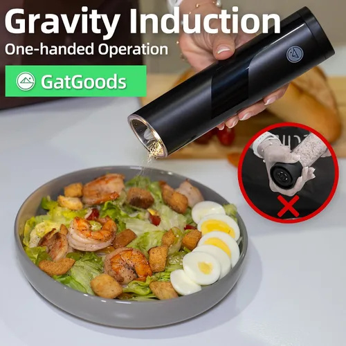Vista 2 de GATGOODS Gravity - Juego de molinillo eléctrico de sal y pimienta, grosor ajustable, luz LED cálida, operación automática de una mano, funciona