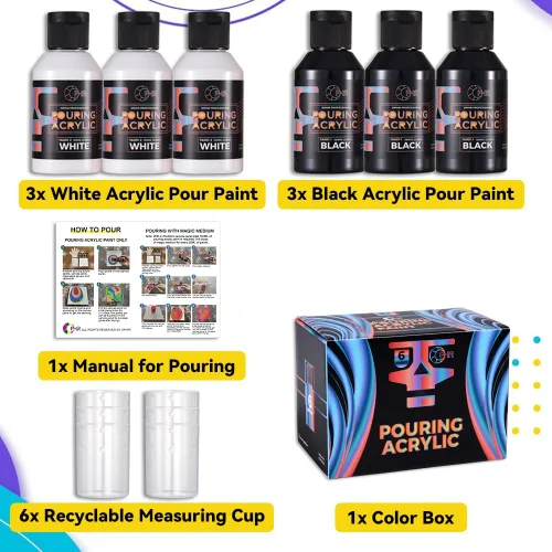 Vista 5 de OPHIR Total 22.8OZ Set de Pintura Acrílica para Verter, 3 Suministros de Pintura Acrílica Premezclada para Verter en Negro y 3 en Blanco, para Juego