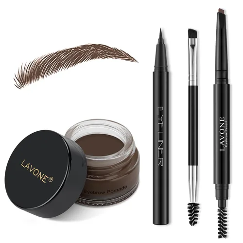 Vista 21 de LAVONE Kit de lápiz de sello para cejas, kit de maquillaje triple con lápiz de ceja impermeable, delineador, pomada de cejas y cepillo de cejas