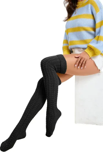 Vista 7 de YELAIVP Slouch - Calcetines altos de punto trenzado para mujer, por encima de la rodilla, botas extralargas, calentadores de piernas