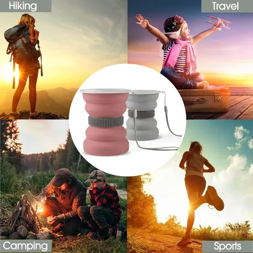 Vista 2 de IYYI Taza de viaje plegable, taza plegable de 10.5 onzas con tapa, tazas plegables de silicona para camping, senderismo, al aire libre, viajes, taza