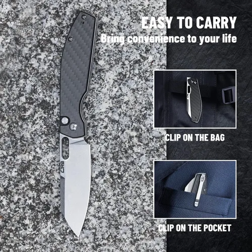Vista 6 de CJRB CUTLERY Cuchillo de bolsillo Ekko (1929) Cuchillo plegable para hombres AR-RPM9 hoja de acero y mango de fibra de carbono negro para trabajo al