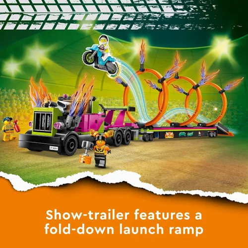 Vista 3 de LEGO City Stuntz Stunt Truck & Ring of Fire Challenge 60357 con juguete de motocicleta impulsado por volante y minifiguras, regalo divertido