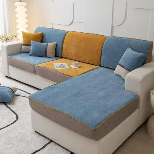 Vista 3 de vctops Funda de pana impermeable para sofá de 1/2/3 cojines, suave y antideslizante en forma de L, color liso, protector de muebles para niños, Azul