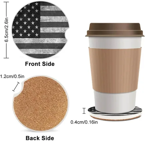Vista 2 de Portavasos absorbentes con la bandera estadounidense negra y gris, juego de posavasos de cerámica para mujeres y hombres, 2.56 pulgadas (2 unidades)