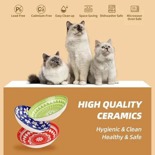 Vista 5 de Fairy Tales - Juego de 6 cuencos de cerámica coloridos para gatos, platos de alimentación con alfombrilla antideslizante, plato ancho poco profundo
