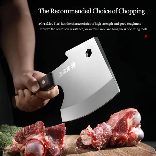 Vista 4 de Kitory Cuchilla de carne, cuchillo de corte de huesos resistente, hoja súper gruesa en forma de hachas de espiga completa, rompe huesos, cuchillo