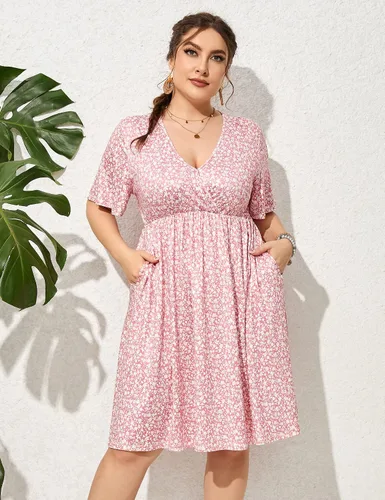 Vista 2 de ShopWonder Vestido de talla grande para mujer, con cuello en V, acampanado, largo hasta la rodilla, vestido de fiesta, minivestido de fiesta