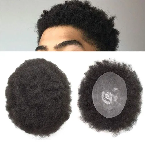 Vista 5 de Afro Toupee para hombres negros, unidad de pelo rizado rizado de poliuretano inyectado, cabello humano con ondas de polly afro, piezas de cabello #1