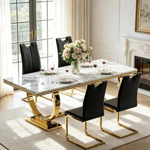 Vista 18 de Juego de mesa de comedor de mármol para 4, mesa de cocina rectangular de mármol blanco de 70 pulgadas con base en O de acero inoxidable dorado