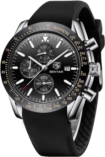 Vista 10 de BENYAR - Relojes para hombre, cronógrafo de cuarzo, marca de lujo, impermeable, relojes de pulsera de cuero marrón a la moda para hombres