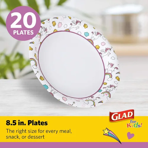 Vista 2 de Glad para Niños Platos de Papel Desechables Redondos con Temática de Unicornio - Resistentes, A Prueba de Absorción, Platos Aptos para Microondas