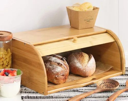 Vista 9 de Lawei Panera de bambú, caja de pan grande de madera con parte superior enrollable, contenedor de almacenamiento de pan para encimera, soporte