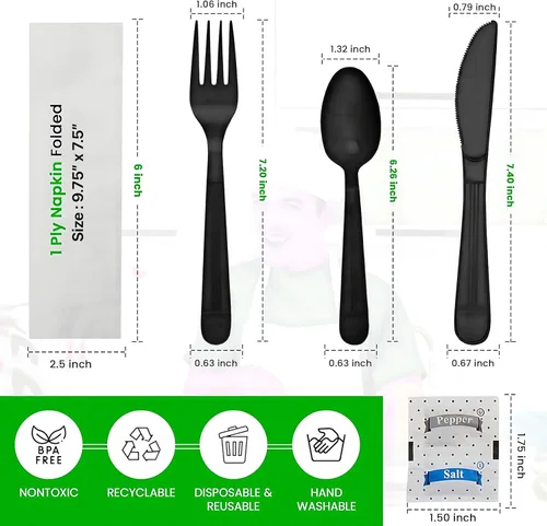 Vista 2 de Utensilios de plástico x [25 unidades] Juego combinado de cubiertos envueltos a granel, paquete variado de cubiertos desechables, suministros