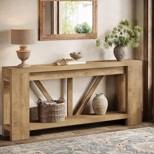 Vista 10 de Tribesigns Mesa de entrada extra larga de 70.9 pulgadas, mesa consola de madera de granja con almacenamiento, mesa de sofá moderna detrás del sofá