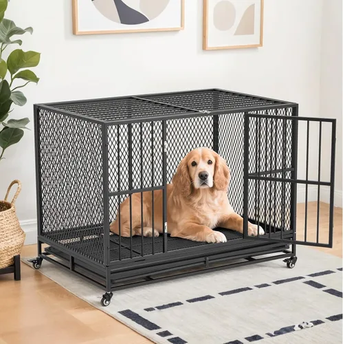 Vista 7 de Erinnyees Jaula para perros resistente de 42 pulgadas, perrera plegable para perros medianos y pequeños, jaula de metal con ruedas con bloqueo