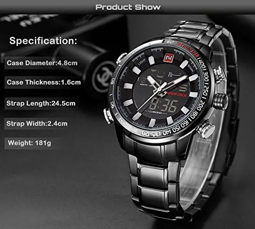 Vista 2 de NAVIFORCE - Reloj de pulsera deportivo para hombre resistente al agua multifunción acero inoxidable analógico digital LED cuarzo color blanco y negro