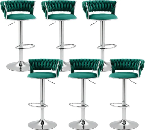 Vista 20 de Juego de 2 taburetes de bar giratorios de terciopelo, modernos taburetes de bar ajustables con respaldo tejido, taburete de bar de altura