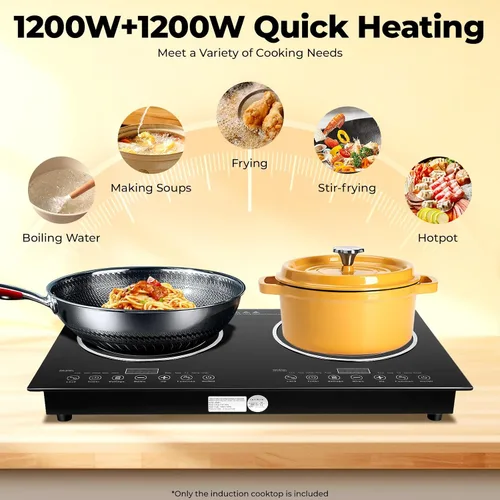 Vista 2 de Cocina de inducción eléctrica – Portátil de 2200 W, 8 niveles de cocina eléctrica de inducción dual para encimera, quemador doble apto para hierro