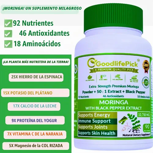 Vista 11 de Cápsulas de moringa prémium con pimienta negra. Polvo de oleifera de moringa y extracto de moringa 50:1 para obtener los máximos beneficios, 90