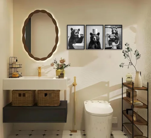 Vista 4 de Divertido lienzo de oso negro para baño, arte de pared moderno en blanco y negro, imágenes de adorable oso con impresiones de papel higiénico, obras