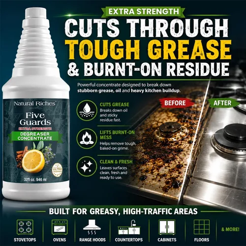 Vista 3 de Natural Riches Five Guards Degreaser Concentrate Makes Up to 64 Gallons, Essential Oil Blend Formula, Multi-Surface Cleaner for Kitchen, Cookware