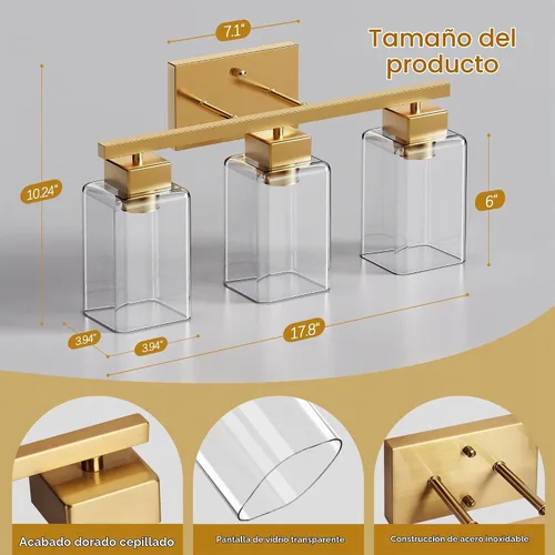 Vista 3 de PARTPHONER Lámparas de baño de 3 luces, luces de tocador modernas de oro cepillado, accesorios de iluminación de baño sobre el espejo, apliques