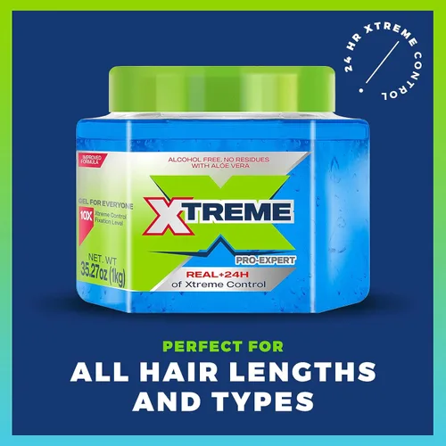 Vista 3 de Xtreme Pro-Expert Blue Styling Gel para el cabello, 35.27 onzas, paquete de 2 Sin alcohol, control Xtreme las 24 horas, con aloe vera, tarro