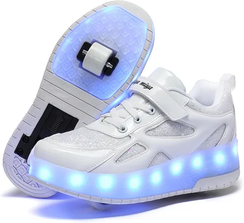Vista 19 de Zapatos de patinaje LED para niños y niñas, tenis con ruedas desmontables y recargables intermitentes Negro