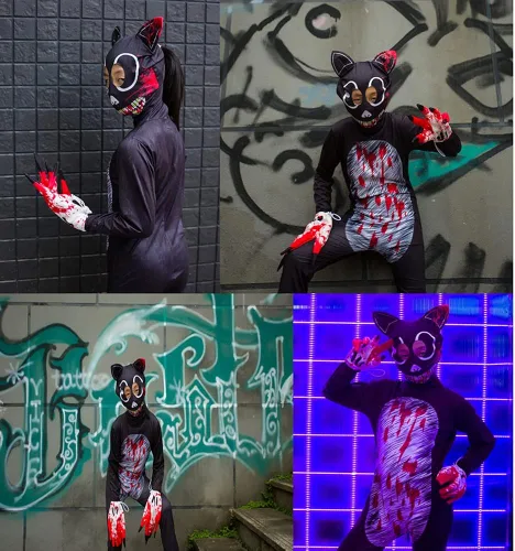 Vista 7 de Disfraz de gato de dibujos animados para adultos y niños disfraz de Halloween para cosplay para niñosniña