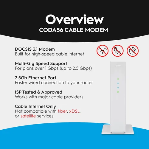 Vista 2 de Hitron Cable módem CODA56 DOCSIS 3.1 SOLAMENTE (no fibra) 2.5 Gbps SIN WiFi/Voz/Router Puerto Ethernet único Compatible con Módem DOCSIS 3.1