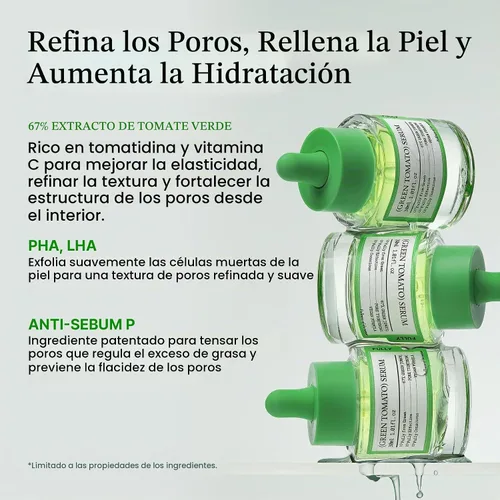 Vista 4 de FULLY Suero de tomate verde, apriete de poros con extracto de tomate verde al 67%, vitamina C y PHA, refuerzo de elastciudad e hidratación