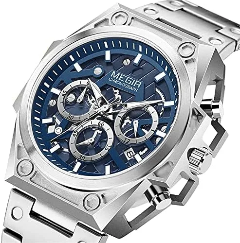 Vista 2 de MEGIR Reloj de pulsera para hombre, de acero inoxidable, impermeable, analógico, de cuarzo, para hombre