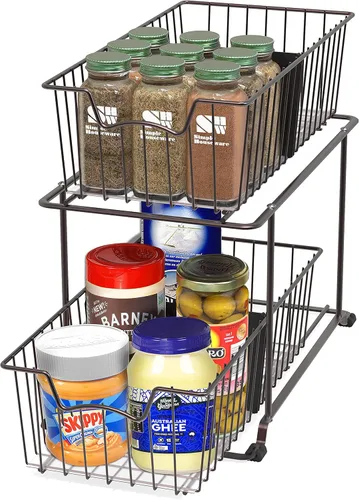 Vista 4 de Simple Houseware - Organizador de cajones con cestas de alambre de gabinete de 2 niveles, marrón