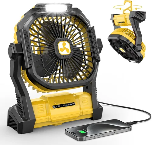 Vista 8 de ONLYNEW Ventilador portátil recargable de 20000 mAh, ventilador alimentado por batería inalámbrica con linterna LED, USB C operado por batería